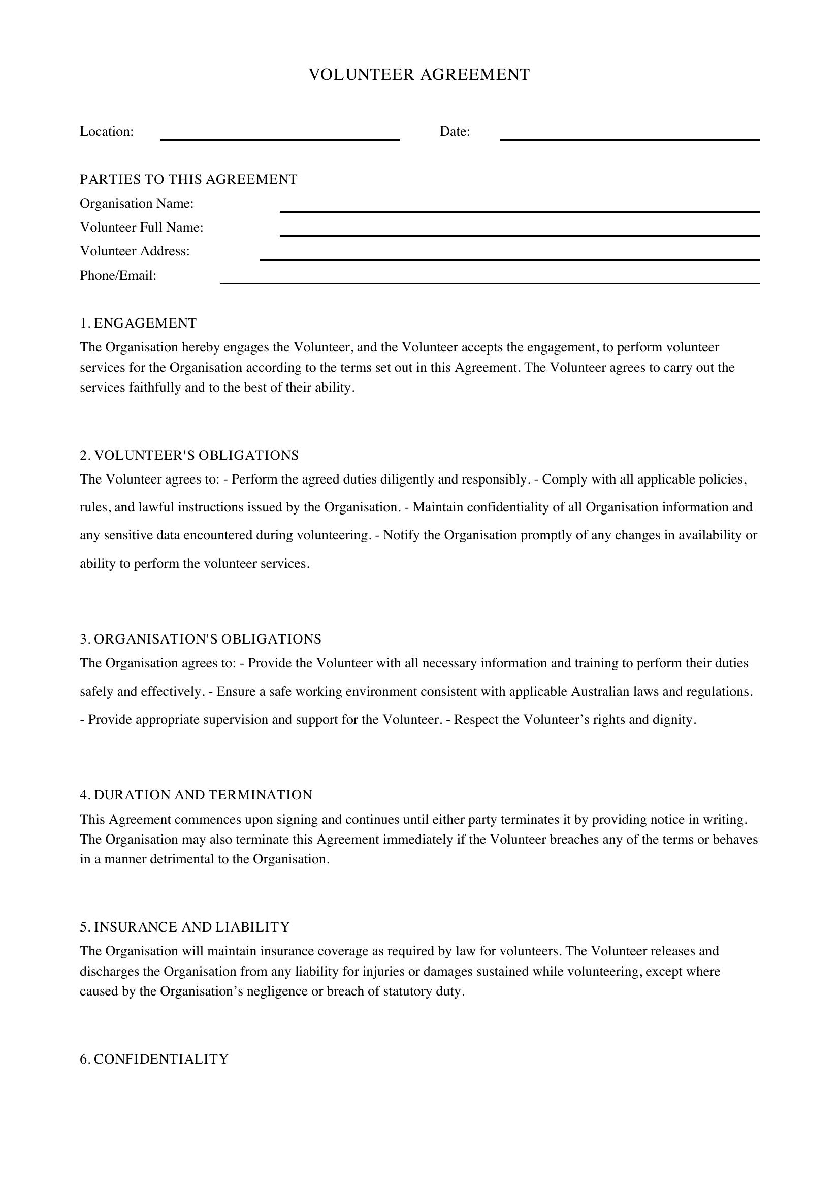 Volunteer Agreement Template - Australia
