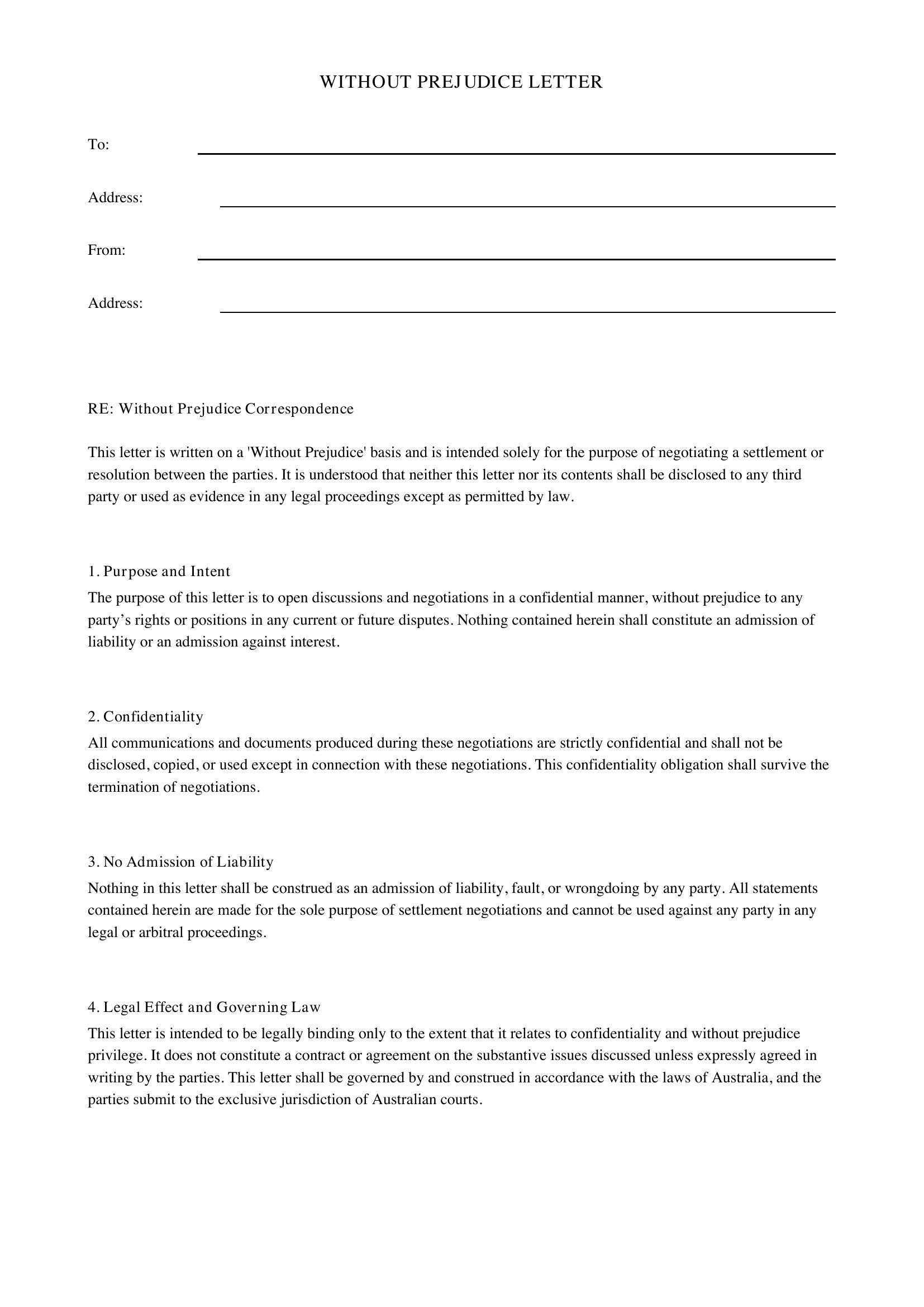 Without Prejudice Letter Template - Australia