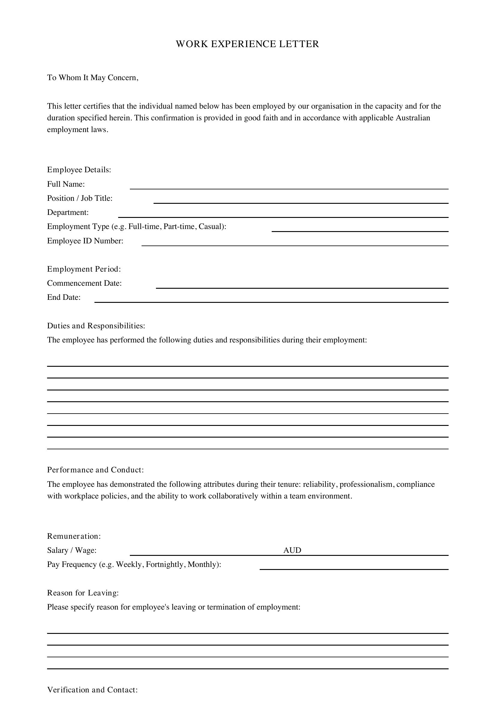 Work Experience Letter Template - Australia