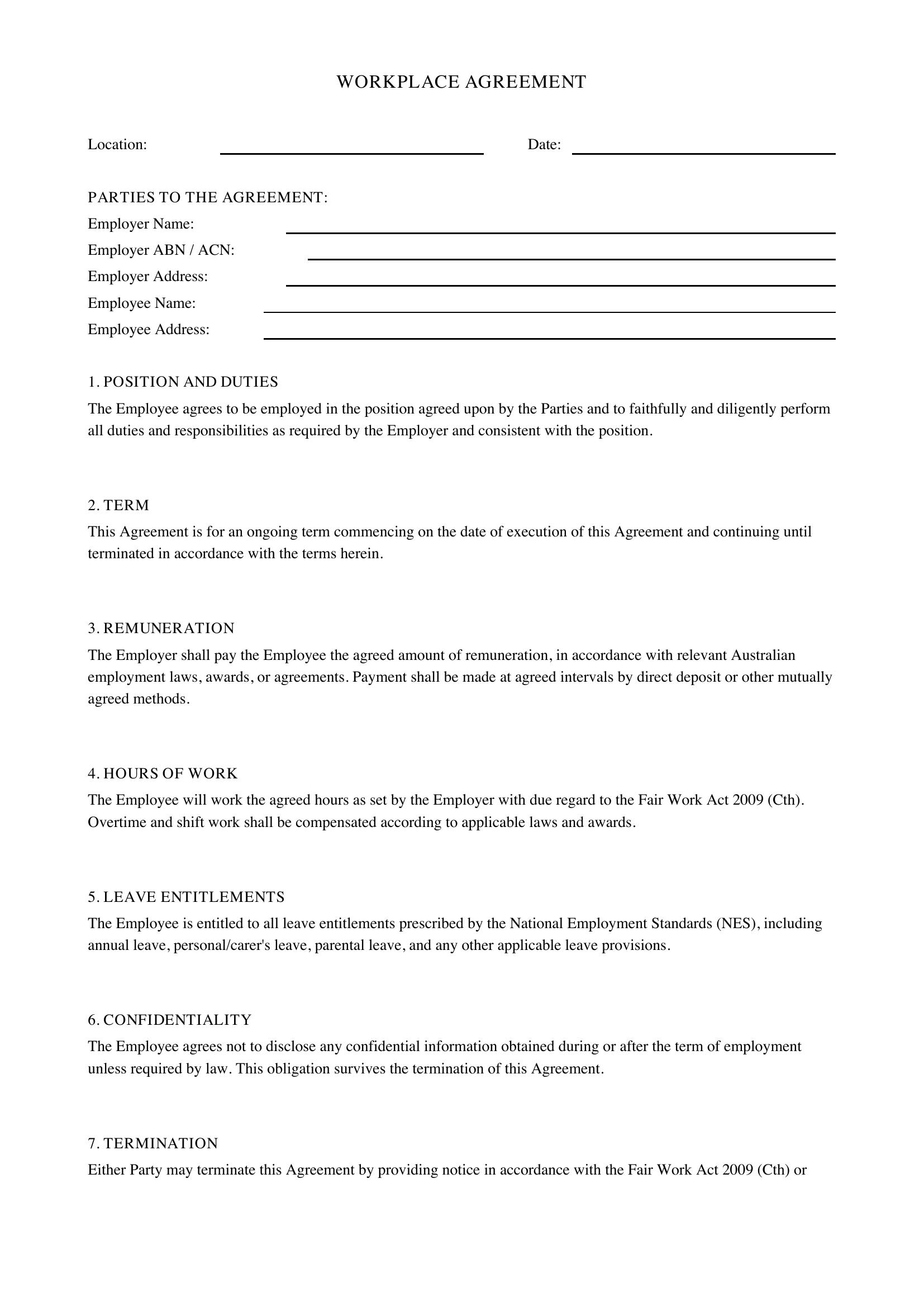 Workplace Agreement Template - Australia