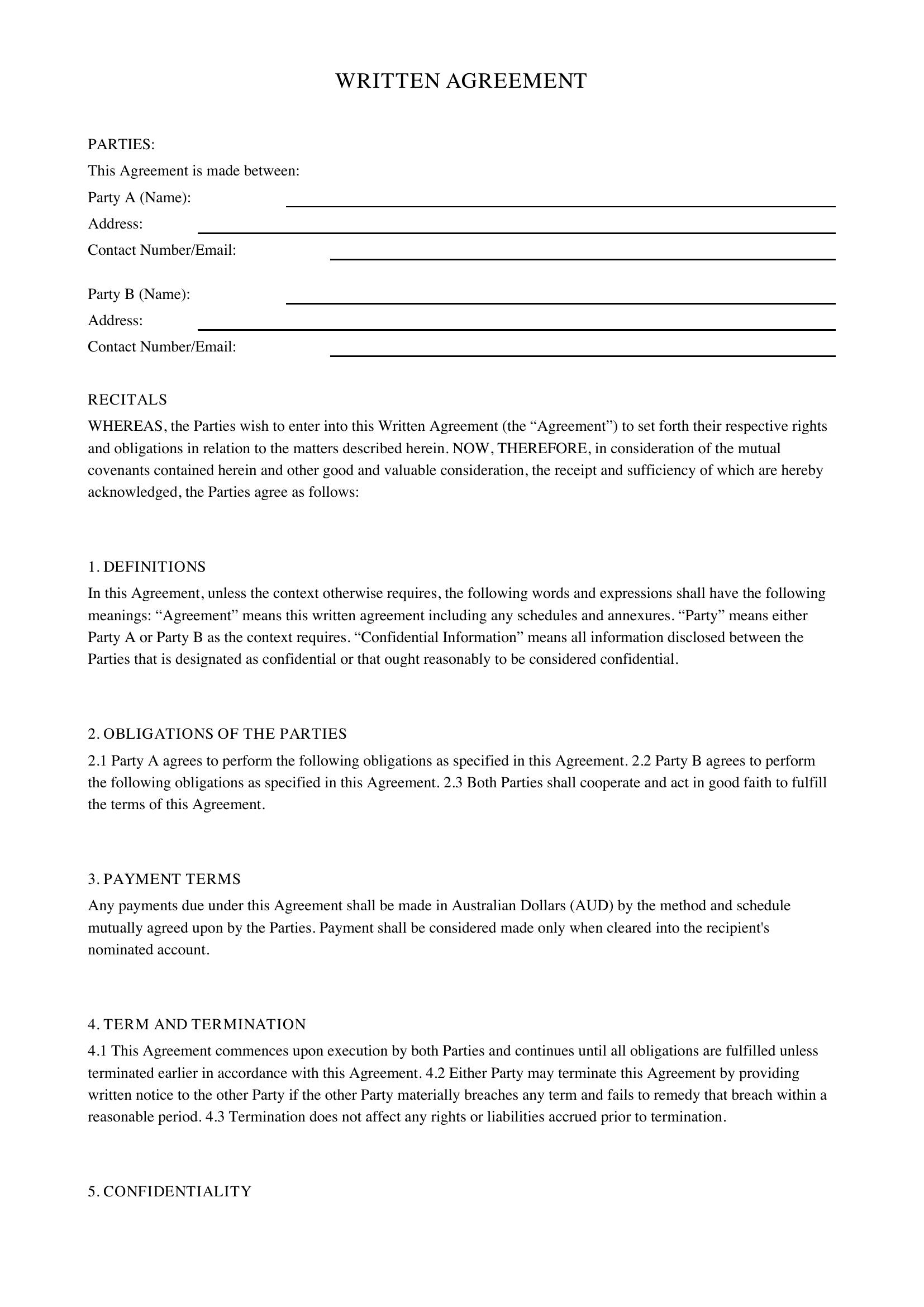 Written Agreement Template - Australia